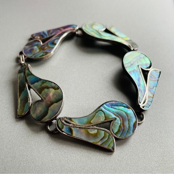 Vintage Mexican 1940s Sterling Silver Abalone Inlay Link Bracelet Antique - Picture 2 of 10